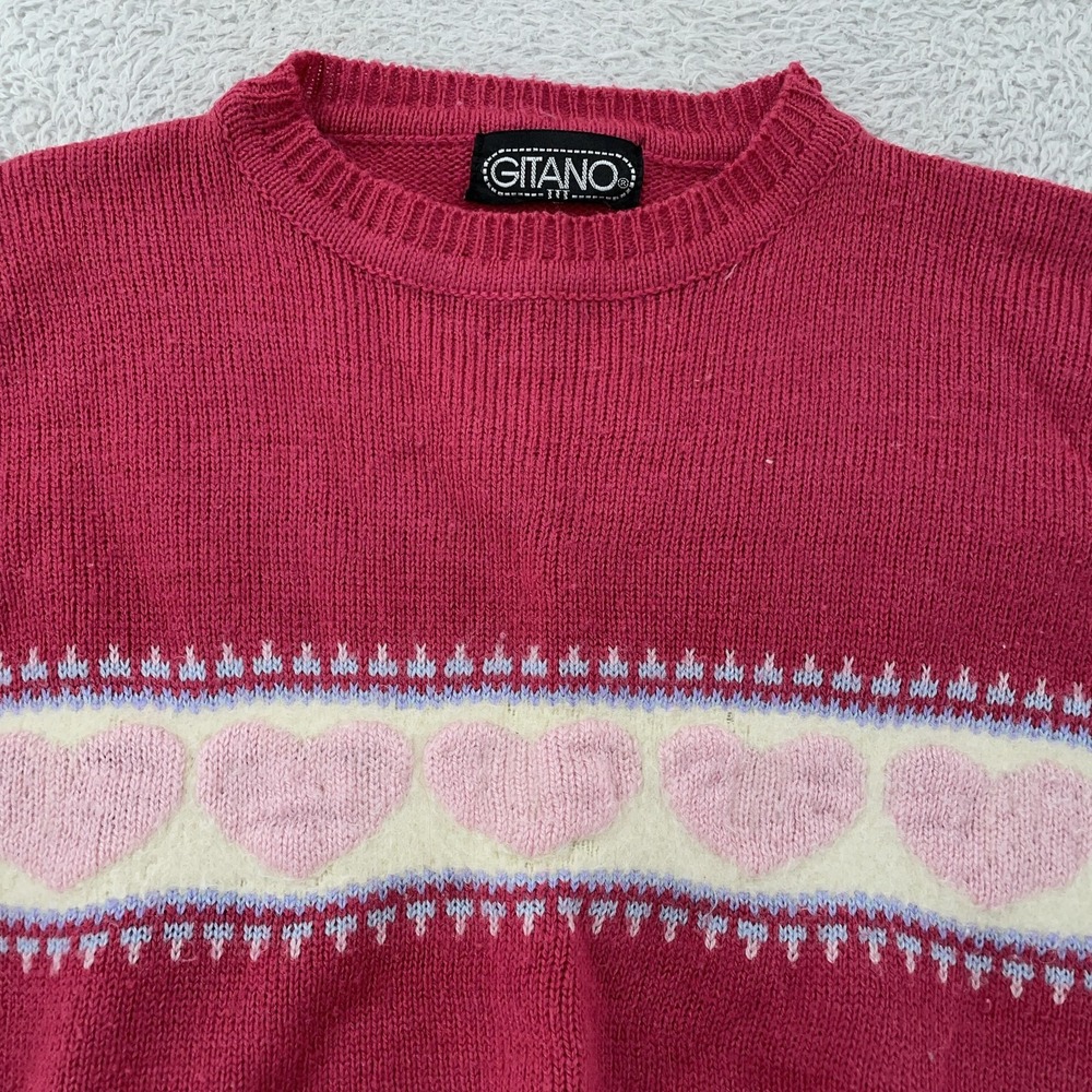 Vtg Gitano Heart Pattern Sweater Women's Medium Red Pink Crewneck‎ Knit Pullover
